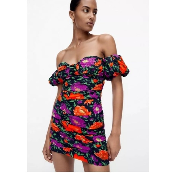 Zara Bloggers Favorite Floral Print Off The Shoulder Puff Sleeve Mini Dress S - Picture 1 of 16